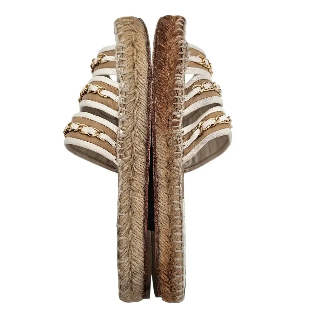 Chanel Chain Espadrille Flat Slide Sandal Beige White Leather Size 36 C US 5 5.5